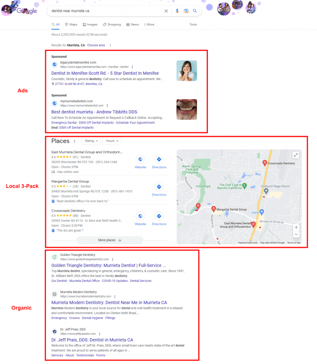 Google SERP - Ads - Local 3-Pack - Organic - dentist near murrieta ca